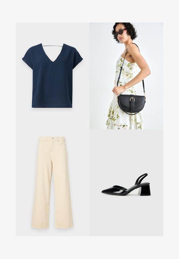 Tamsiai mėlynas V formos kaklo marškinėliai su trumpomis rankovėmis, pagaminti iš tekstūruoto audinio, turintys laisvą siluetą ir paprastą dizainą. Nėra matomų metalinių elementų ar puošmenų.; Bežinės plačios kojos džinsai, pagaminti iš medvilnės. Turintys sagos uždarymą, diržo kilpas ir priekinės kišenes su lygia, švelnia tekstūra.; Juodos lakuotos odinės šlepetės su smailiu pirštu ir geometriniu bloko kulnu. Turi elegantišką, minimalistinį dizainą ir lygų paviršių.; Juodas odinis krepšys su išlenkta forma, nuimamu dirželiu ir auksiniais detalėmis. Krepšys turi kilpą su sagtimi.