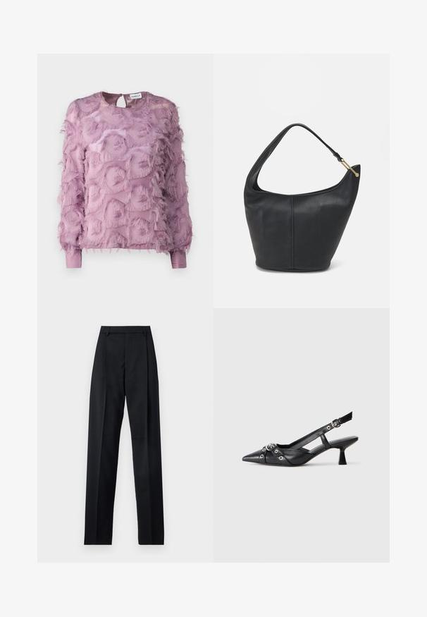 Marella DEMIEN - Pluus - lilla; Mustad püksid siledast kangast, millel on kõrge vöökoht, laiad jalad, esimesed kortsud ja klassikalised vööloopid. Küljepockets pole nähtavad.; Must must have must toote tõmblukuga, dekoratiivsed rihmad metallist silmadega ja madal blokk-kand. Tekstureeritud pind.; Musthave musta nahast käekott ümarate servadega, laia rihmaga ja tekstureeritud pinnaga. Omab peenelt õmblust detailina ning kullatooni aksessuaare.