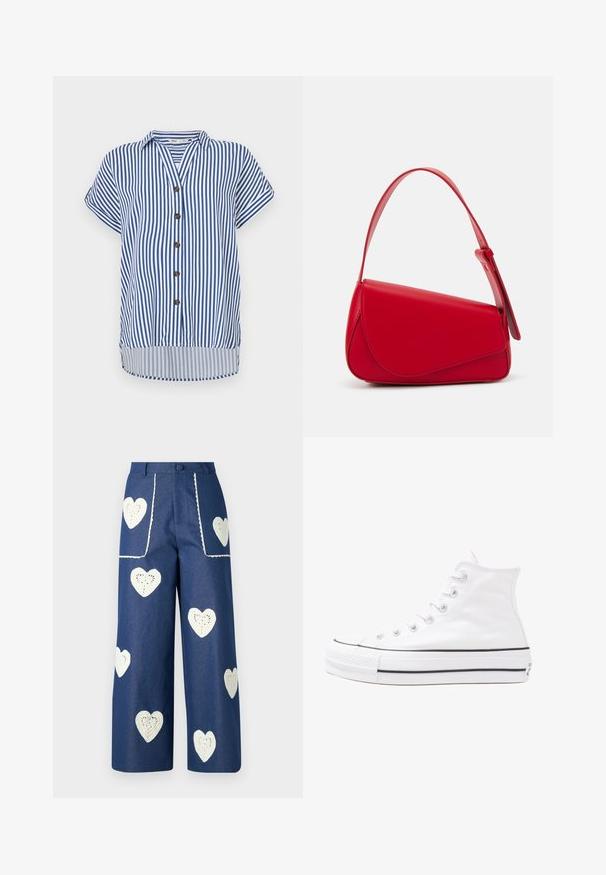 Kratší rukáv košile na knoflíky s vertikálními modro-bílými pruhy, límečkem, pěti hnědými knoflíky a mírně zakřiveným spodním lemováním.; Sister Jane HEART TO HEART - Džíny Straight Fit - blue denim; Bílé vysoké plátěné tenisky s černou gumovou podrážkou, přední gumovou špičkou a šesti očky na tkaničky, se čistým, minimalistickým designem.; Červená kožená kabelka s ostrým, geometrickým designem. Má jeden nastavitelný popruh a klopu s prošívanými detaily.