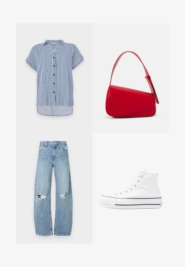 Camicia a maniche corte con bottoni, caratterizzata da strisce verticali blu e bianche, colletto, cinque bottoni marroni e un orlo leggermente curvo.; Jeans azzurri chiari a vita alta realizzati in denim. Presentano gambe larghe, due aree strappate sulle ginocchia e il classico styling a cinque tasche.; Sneaker alta in tela bianca con suola in gomma nera, punta in gomma frontale e sei asole per i lacci, caratterizzata da un design pulito e minimalista.; Borsa a tracolla in pelle rossa con un design angolare e geometrico. Presenta una singola tracolla regolabile e una chiusura a patta con dettagli cuciti.