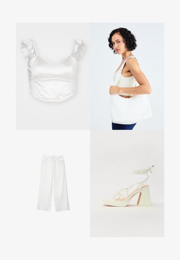 Weißes Satin-Crop-Top mit Herzausschnitt und schulterumschmeichelnden Rüschen, in glatter Textur und enganliegendem Design.; Weiße, weite Hosen aus weichem Stoff, mit einem Kordelzug in der Taille und zwei vorderen Taschen. Glatte Textur und keine sichtbaren Muster.; Weiße High-Heel-Sandale mit einem klobigen Absatz, die über ein Riemchendesign und ein Knöchelband verfügt. Glatte Textur mit einer Plattform vorne für zusätzliche Höhe.; Weißer Schultertasche aus glattem Material mit ovalem Ausschnitt und breitem Tragegurt. Einfach und modern, ohne sichtbare Hardware.