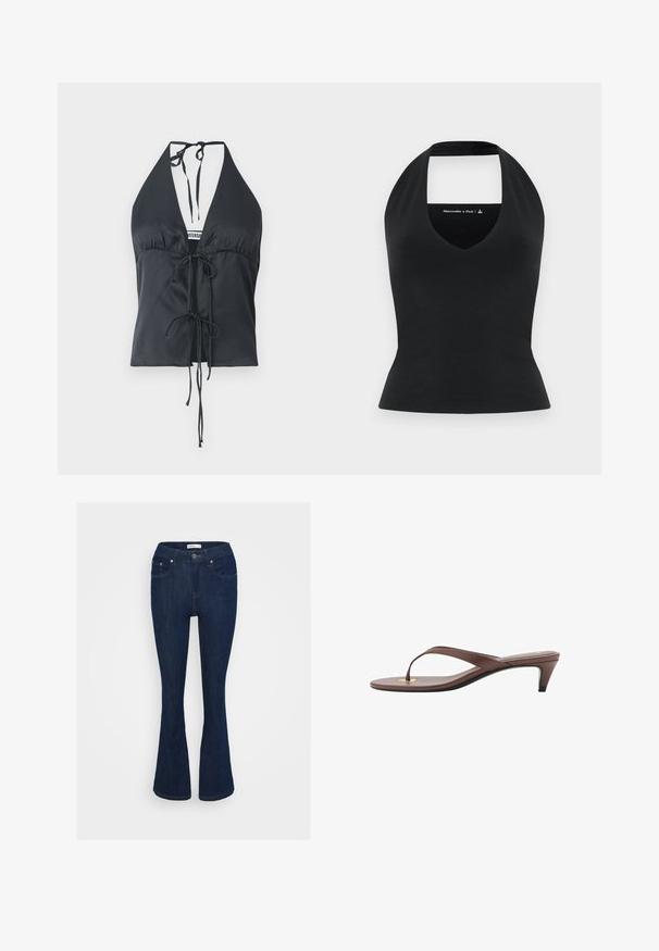 Black halter top made of smooth fabric, featuring a deep V-neck, gathered front, and adjustable tie closures on the neck and waist.; Black halter top with a deep V-neck and an open back, made from a smooth fabric, fitted silhouette, minimal branding in a contrasting color.; Dark blue denim flared jeans with a classic five-pocket design, metal button closure, and stitching accents on the pockets.; Brown heeled flip-flop sandal with a slender strap and rounded toe post, featuring a small gold accent on the footbed.