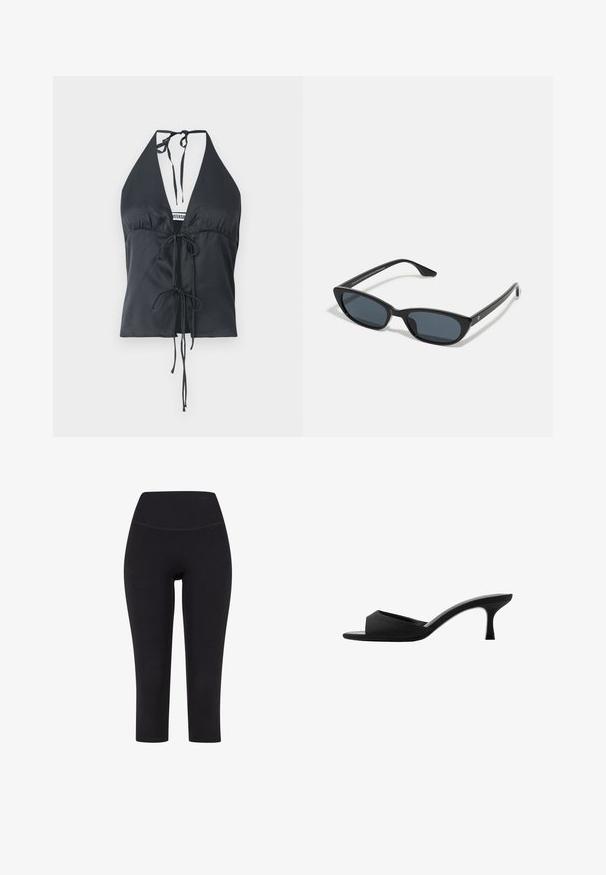 Top negro tipo halter hecho de tela suave, con un escote en V profundo, un frente drapeado y cierres ajustables en el cuello y la cintura.; Leggings negros de tres cuartos hechos de tela elástica, con una cintura alta y sin patrones ni herrajes visibles.; Mules de tacón negro con una punta ancha y abierta y un empeine curvado. Fabricados en tejido texturizado, cuentan con un tacón delgado y una suela lisa.; Gafas de sol de ojo de gato negras con lentes oscuros, montura de plástico, patillas delgadas y una marca sutil en el interior del brazo. Textura de acabado mate.
