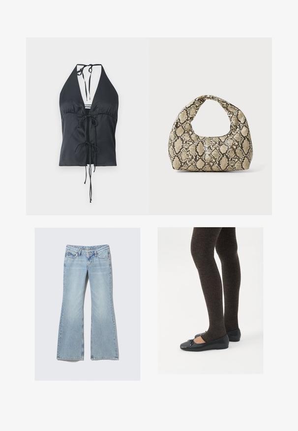 Mustat halterneck-topit, jossa on sileä kangas, syvä V-pääntie, poimuttaja etuosa ja säädettävät solmimistarrat kaulassa ja vyötäröllä.; Weekday NOVA - Slim fit -farkut - lip blue; Mustat matalat kengät, joissa on pieni nauha varpaissa, yhdistettynä tummanruskeisiin ribattuisiin sukkahousuihin. Kengissä on sileä pinta ja matala profiili.; Käärmeennahkakuosiset käsilaukku, jossa on kaareva kahva. Tehty teksturoiduista beigeistä ja ruskeista materiaaleista, joissa on erottuva timanttikuvio.