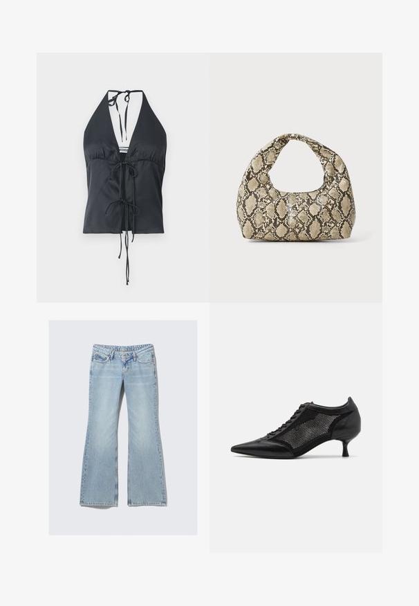 Mustat halterneck-topit, jossa on sileä kangas, syvä V-pääntie, poimuttaja etuosa ja säädettävät solmimistarrat kaulassa ja vyötäröllä.; Weekday NOVA - Slim fit -farkut - lip blue; Mustat kärjetossut, joissa on verkkopaneeli, matala korko ja nauhanytkytys edessä. Valmistettu nahka- ja verkkokombinaatiosta.; Käärmeennahkakuosiset käsilaukku, jossa on kaareva kahva. Tehty teksturoiduista beigeistä ja ruskeista materiaaleista, joissa on erottuva timanttikuvio.