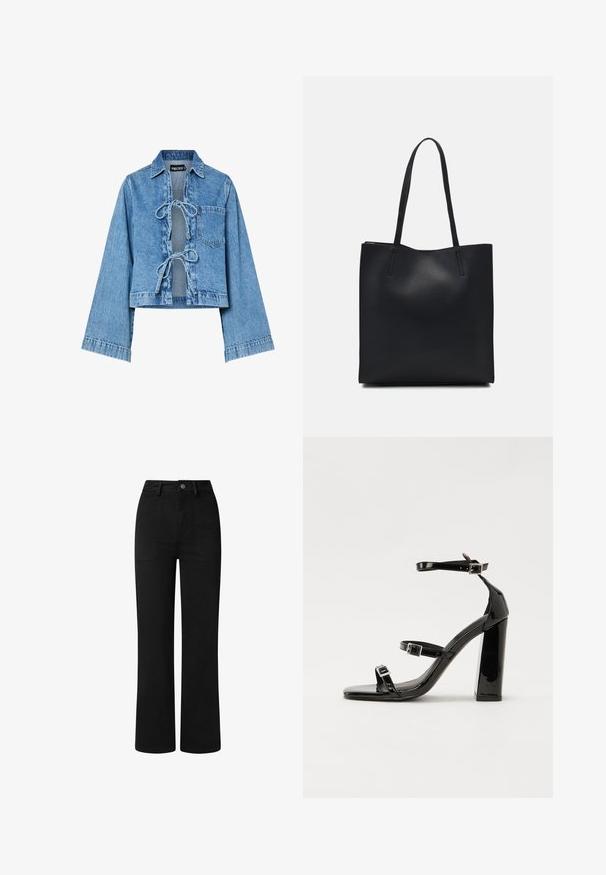Casaco curto de ganga azul claro com mangas compridas, fecho frontal com laço e bolso ao peito. Apresenta uma gola clássica e um corte descontraído.; Calças pretas de cintura alta com um design de perna reta, feitas em tecido de algodão suave. Apresentam bolsos frontais e um fecho simples de botão metálico.; Sandálias de tacão preto laqueadas com bico quadrado, tiras para o tornozelo e fivelas prateadas. Apresentam um salto bloco chunky para estabilidade.; Bolsa tote preta em couro com textura lisa, forma retangular e duas alças longas. Sem hardware ou enfeites visíveis.