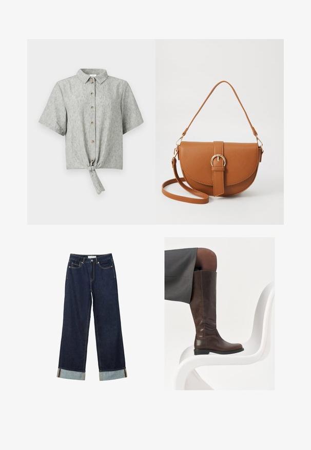 Hemd mit kurzen Ärmeln und Knopfverschluss aus hellgrauem Stoff, mit einem geknoteten Frontdetail, flachem Kragen und Holzknöpfen als Akzent.; Dunkelblaue, weit geschnittene Jeans mit hoher Taille, ausgestattet mit aufgerollten Säumen, Kontrastnähten und einem Fünf-Taschen-Design. Hergestellt aus Denim-Stoff.; Braune Lederstiefel bis zum Knie mit abgerundeter Spitze, glatter Oberfläche und minimalen Nähten, vor einem hellen Hintergrund auf einem weißen Stuhl.; Braune Leder-Crossbody-Tasche mit geschwungener Form, goldfarbenen Beschlägen und einer Schnallenakzentuierung. Verfügt über einen abnehmbaren Schultergurt.