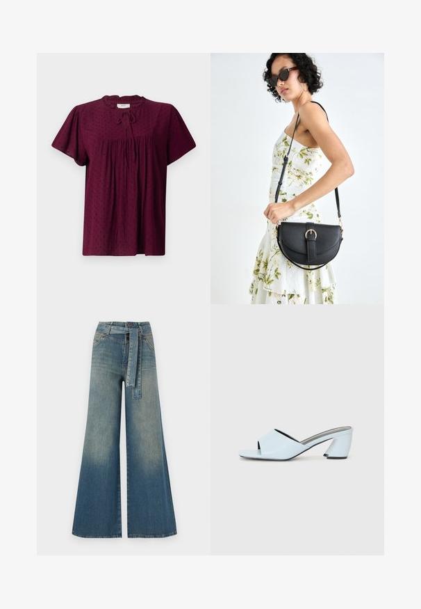 Blusa burdeos con mangas cortas abullonadas, tejido texturizado con un sutil patrón de puntos, frente fruncido y detalle de escote atado.; Pantalones de mezclilla de pierna ancha con un degradado de azul claro a oscuro, cintura alta, trabillas para cinturón y un cinturón de tela a juego. Acabado de mezclilla texturizada.; Mules de tacón abierto en azul claro con un diseño geométrico, que cuentan con una amplia tira en el empeine y un tacón grueso y angular.; Bolso de piel negra con forma curva, correa desmontable y herrajes dorados. El bolso cuenta con una solapa con un detalle de hebilla.