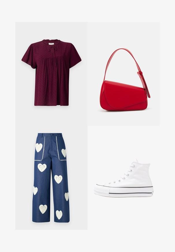 Blusa bordeaux con maniche corte a sbuffo, tessuto strutturato con un delicato motivo a pois, parte anteriore arricciata e dettaglio al collo annodato.; Sister Jane HEART TO HEART - Jeans a sigaretta - blue denim; Sneaker alta in tela bianca con suola in gomma nera, punta in gomma frontale e sei asole per i lacci, caratterizzata da un design pulito e minimalista.; Borsa a tracolla in pelle rossa con un design angolare e geometrico. Presenta una singola tracolla regolabile e una chiusura a patta con dettagli cuciti.