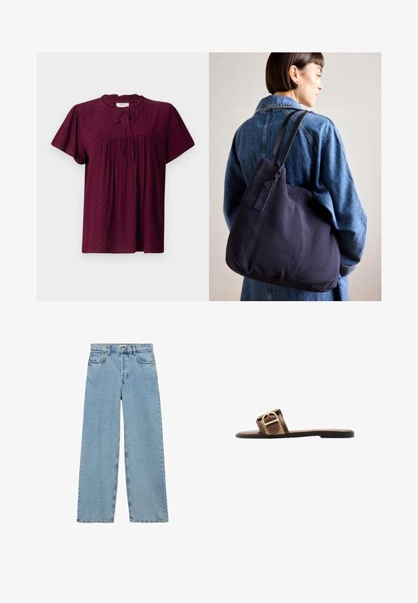 Burgunderfarvet bluse med korte puffærmer, tekstureret stof med et subtilt prikmønster, sammensamlet for og en bundet halsdetalje.; Mango Jeans Relaxed Fit - blue; Brune lædersandaletter med en bred rem med en guldbeslag og et struktureret mønster, sat på en flad sort sål.; Marineblå canvas skuldertaske med en blød, struktureret form, der har en sort rem, syede detaljer og et lille mærke.