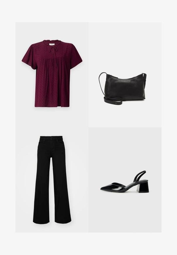 Burgunderfarbene Bluse mit kurzen Puffärmel, strukturiertem Stoff mit einem dezenten Punktmuster, gerafftem Vorderteil und einem gebundenen Halsausschnitt.; Schwarze weit geschnittene Hose aus Denim, mit einem strukturierten Bund, Gürtelschlaufen und Fronttaschen. Glatte Textur mit klassischem Design.; Schwarze Lackleder-Slingback-High Heels mit spitzem Schuh und einem geometrischen Blockabsatz. Verfügt über ein schlankes, minimalistisches Design und eine glatte Textur.; Schwarze Ledertasche für die Schulter mit glatter Textur, geschwungener Form, verstellbarem Tragegurt und Reißverschluss. Minimalistisches Design ohne Verzierungen.