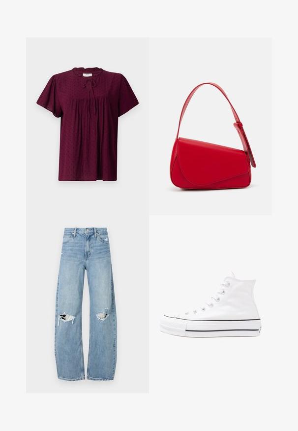 Burgundy blouse with short puff sleeves, textured fabric featuring a subtle dot pattern, gathered front, and a tied neckline detail.; Light blue, high-waisted jeans made of denim. Feature wide legs, two torn knee areas, and classic five-pocket styling.; White high-top canvas sneaker with black rubber sole, front rubber toe cap, and six eyelets for laces, featuring a clean, minimalist design.; Red leather handbag with an angular, geometric design. Features a single adjustable strap and a flap closure with stitched detailing.