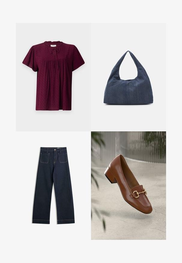 Burgundy színű blúz rövid puffos ujjakkal, texturált anyag, amely finom pöttyös mintát visel, ráncolt elülső résszel és megkötős nyakrésszel.; Sötétkék, széles szárú farmernadrág, eltérő bézs varrással, két hátsó zsebbel és gombos záródással a deréknál.; Barna lakkbőr loaferek négyzet alakú orral, fém lánc díszítéssel és alacsony blokk sarkú kialakítással; sima textúra, minimalista design.; Sötétkék farmer táska puha, laza formával, hobo-stílusú fogantyúval és textúrált felülettel. Látható fémrész nélküli.