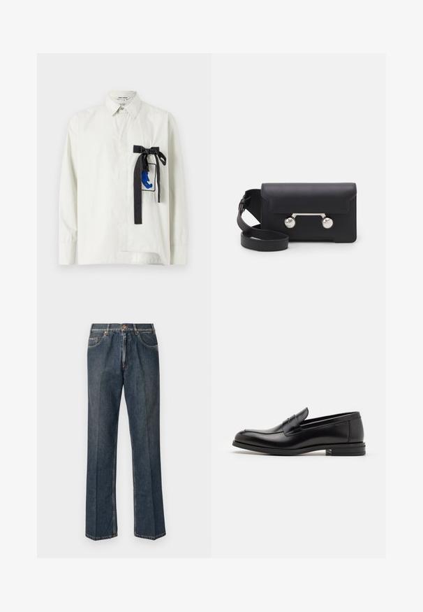 Dhruv Kapoor ASYMMETRIC BADGE SHIRT - Majica - ecru; Tamno plave traperice ravnog kroja s prednjim gumbom, patentnim zatvaračem, dvojim prednjim džepovima i vidljivim vertikalnim naborima duž nogu.; Crni kožni mokasini s glatkom teksturom, zaobljenim prstima i ukrasnom trakom preko prednjeg dijela. Niski slojeviti potplat, minimalistički dizajn.; Crna kožna crossbody torba s preklopom, hardverom srebrne boje i dva okrugla detalja. Ima odvojivi remen. Glatka tekstura.