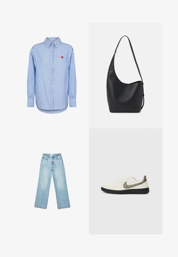 Blue and white striped button-up shirt with a classic collar, long sleeves, and a red heart embroidery on the left chest.; Light blue denim wide-leg jeans with a high waist, featuring a faded wash and small, scattered distressed details throughout.; Nike Sportswear FIELD GENERAL - Trainers - off-white/black; Black leather hobo bag with a smooth texture, curved shape, and single adjustable strap; features a wide opening at the top.