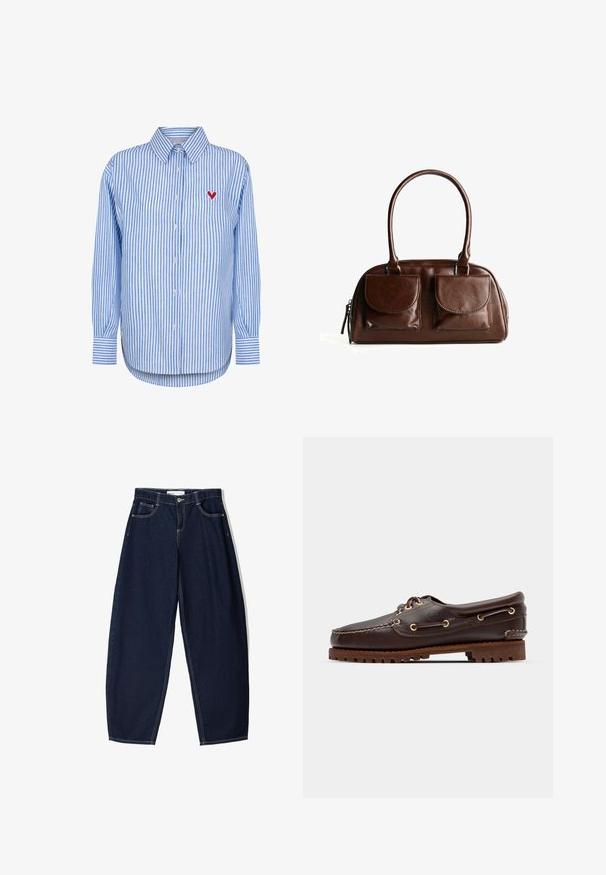 Blue and white striped button-up shirt with a classic collar, long sleeves, and a red heart embroidery on the left chest.; Dark blue denim trousers with a loose fit, featuring five pockets, contrasting stitching, and a zip closure at the front.; Brown leather boat shoe with gold eyelets, round laces, and a textured brown rubber sole. Features stitched detailing and a raised logo.; Brown leather handbag with two front flap pockets, rounded handles, and a zipper on the side against a white background.