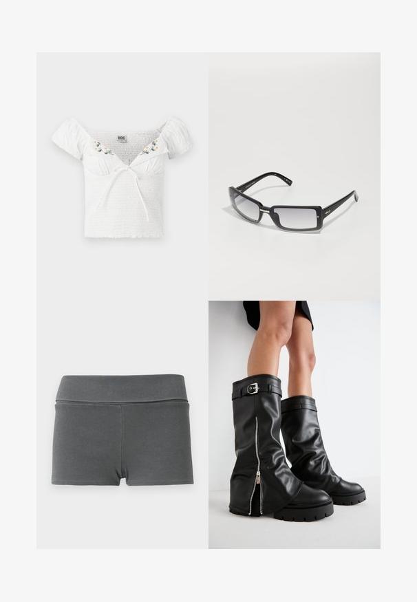 Top bianco senza spalline in tessuto smock, con maniche a puff corte, ricami floreali sul colletto e un dettaglio con fiocco frontale.; Top senza maniche di colore rosa chiaro con bordi grigi e spalline regolabili, caratterizzato da un grande logo "adidas" grigio al centro. Materiale in cotone.; Shorts in tessuto a coste grigio scuro con vita alta. Presentano un design aderente, una texture liscia e nessun hardware o decorazione visibile.; Stivali alti neri in pelle con alti fianchi, dotati di cerniera laterale e accentuato con fibbia, finitura testurizzata e suola in gomma spessa.; Occhiali da sole rettangolari neri con lenti sfumate, dotati di un ampio telaio e dettagli in metallo sugli steli. Texture liscia su tutta la superficie.; Borsa a spalla in pelle nera con chiusura a zip, caratterizzata da un corpo testurizzato, cuciture bianche e una tracolla con occhielli in argento.