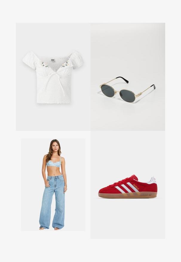 Fehér, egyvállas top, smockolt anyagból, rövid puffos ujjakkal, virágmintás hímzéssel a nyaknál és elülső, megkötős részlettel.; Világoskék virágmintás melltartó széles szárú világoskék farmernadrággal párosítva. Kényelmes, laza szabás és klasszikus gombos záródás jellemzi.; Piros velúr sneaker fehér háromcsíkos dizájnnal és arany "Gazelle" felirattal. Gumi talppal és texturált sarokkal rendelkezik.; Arany színű fém napszemüveg ovális lencsékkel és sötét tónusú lencsékkel. Fekete acetát végződések az ágon. "QUAY" márkanevének felirata az oldalán.