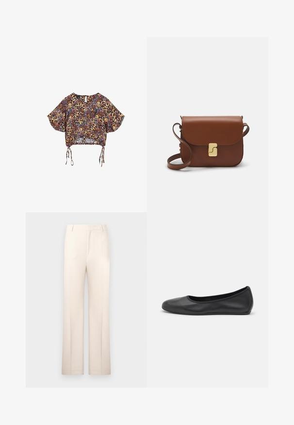 Krótki rękaw, top z krótkim krojem z wielokolorowym wzorem kwiatowym. Posiada sznurki przy dole i zapięcie w kształcie wsuwki na plecach. Lekki materiał.; Beżowe spodnie o prostym kroju, uszyte z lekkiego materiału. Posiadają fałdy z przodu i klasyczny pas.; Czarne skórzane baletki z zaokrąglonym noskiem, gładką fakturą, minimalnymi przeszyciami i elastycznym designem podeszwy.; Brązowa skórzana torebka na ramię z klapką, złotymi detalami, paskiem na ramię i gładką teksturą. Kompaktowy prostokątny kształt.