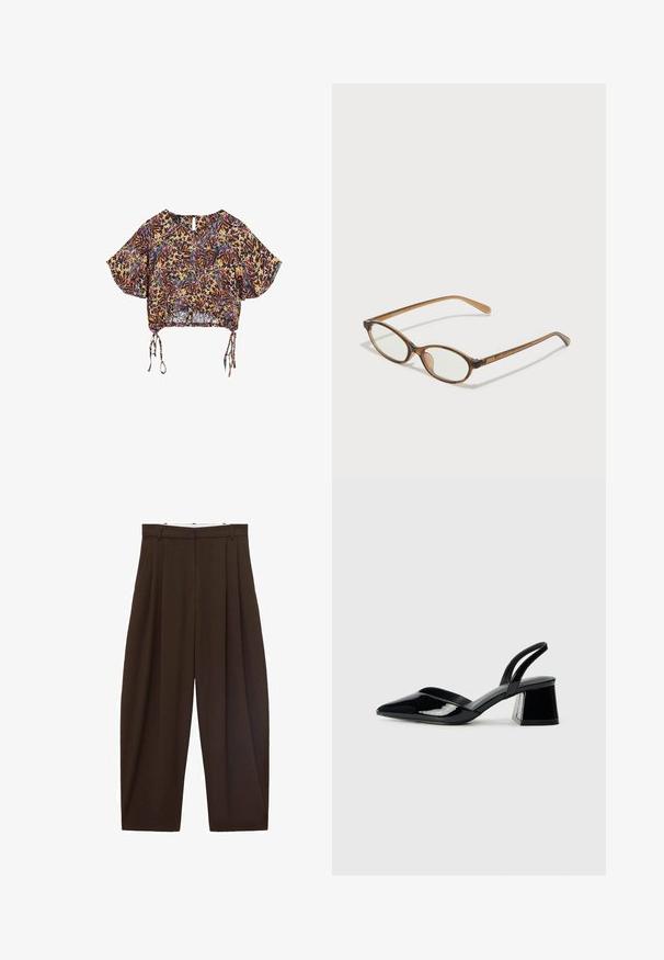 Kortærmet, cropped top med et flerfarvet blomstermønster. Har snoretræk i kanten og en nøglehulslukning bagi. Letvægtsstof.; Brune højtaljede bukser med folder, lavet af glat stof. Løs pasform, straight leg design, med bæltestropper og lynlås.; Sorte patentlæder slingback hæle med spids tå og en geometrisk blok hæl. Har et elegant, minimalistisk design og en glat tekstur.; Brune skildpaddemønstrede briller med ovale linser, tynde arme og gennemsigtige accenter. Har et diskret logo på stangen. Slankt, let design.; Brun syntetisk håndtaske med et buet håndtag og en glat tekstur. Inkluderer et matchende lille toilettaske med lynlås. Minimalistisk design.