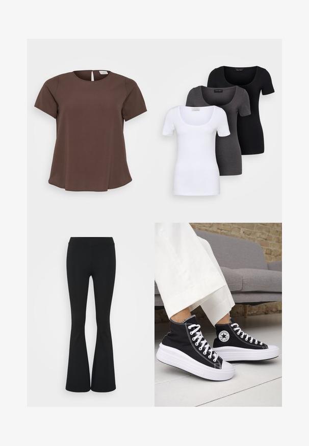 Barna, rövid ujjú felső, kerek nyakkivágással és kis hátsó kivágással. Puha anyagból készült, enyhén bővülő alsó résszel.; Három szűkített T-póló fehér, szürke és fekete színben. Mindegyik széles, kerek nyakkal és rövid ujjakkal rendelkezik. Simább, elasztikus anyagból készült.; Fekete harangszárú nadrág, rugalmas anyagból készült, magas derékkal és sima felülettel. A nadrág a térdtől kezdve bővül.; Fekete magas szárú tornacipők fehér gumitalppal és fűzővel. Kör alakú logófolttal és kontrasztos fehér varrással. Vászon anyagból.