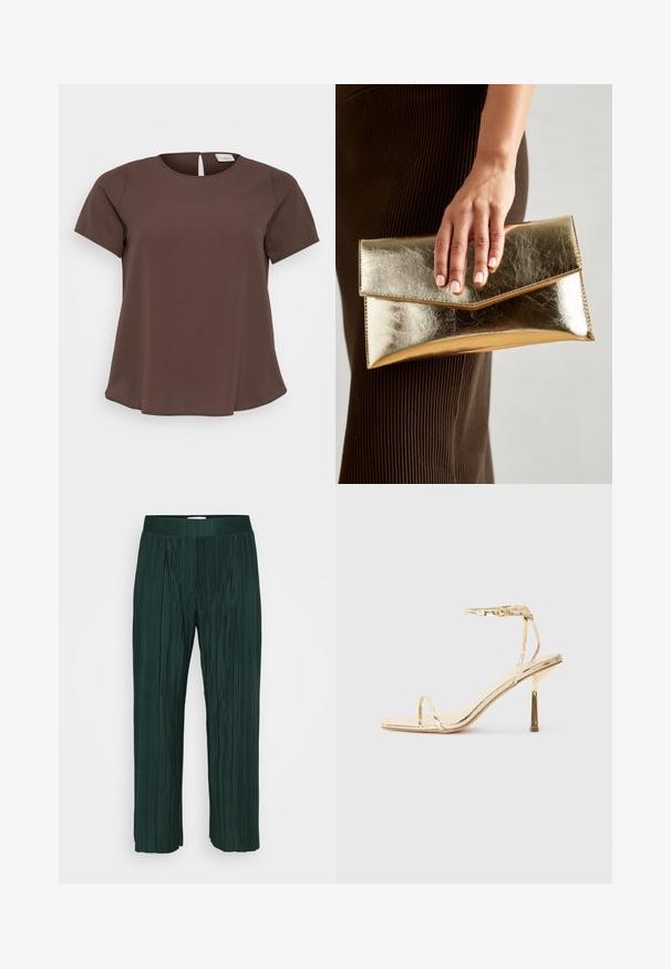 Brun kortärmad topp med rund halsringning och en liten skärning i ryggen. Tillverkad av mjukt tyg med en något utflugen fåll.; Mörkgrön, plisserad byxa med vida ben och elastisk midja, visad mot en enkel vit bakgrund.; Guldmetalliska högklackade sandaler med fyrkantig tå, tunn ankelrem och en elegant, minimalistisk design med en blank yta.; Gyllene metallisk kuvertväska med en slät yta, försedd med en triangulär flikstängning. Den hand som håller den har välvårdade naglar.