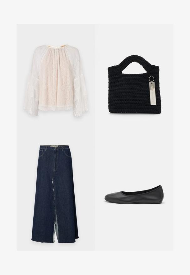 Alice + Olivia DELIA RUFFLE TUNIC - Bluse - off white; Dunkelblaue Jeans-Lange mit einem vorderen Schlitz. Sie verfügt über ein traditionelles Fünf-Taschen-Design und sichtbare Nähte. Der Saum ist ausgefranst.; Schwarze Leder-Ballettschuhe mit abgerundeter Spitze, glatter Textur, minimalen Nähdetails und einem flexiblen Sohlen-Design.; Won Hundred MARSIELLE COMPUTER BAG UNISEX - Notebooktasche - black