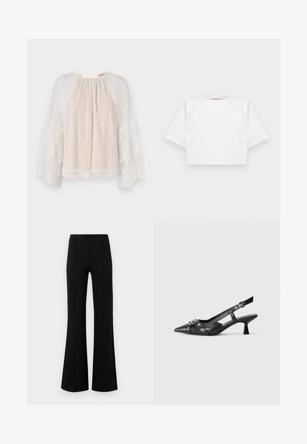Alice + Olivia DELIA RUFFLE TUNIC - Camicetta - off white; T-shirt bianca cropped realizzata in tessuto morbido, con maniche corte, scollo rotondo e dettagli a costine sull'orlo. Design semplice e senza fronzoli.; Pantaloni neri a zampa d'elefante con vita alta, realizzati in tessuto elastico. Presentano dettagli di cucitura verticale nella parte anteriore e una texture liscia.; Scarpa slingback nera in pelle con punta affusolata, cinturini decorativi con occhielli metallici e tacco basso a blocco. Superficie testurizzata.