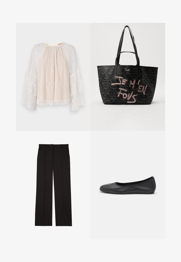 Alice + Olivia DELIA RUFFLE TUNIC - Pusero - off white; Mustat räätälöidyt housut, jotka on valmistettu sileästä kankaasta. Housuissa on suora lahje ja kaksi sivutaskua. Elegantti ja minimalistinen rakenne.; Musta nahkainen ballerina, jossa on pyöristetty kärki, sileä pinta, minimaalinen ommelkoristelu ja joustava pohjamuotoilu.; Musta olkalaukku, jossa on teksturoitu materiaali ja timanttikuvio, olkahihnat sekä rohkeaa punaista ja valkoista tekstiä, jossa lukee "JE M'EN FOUS."