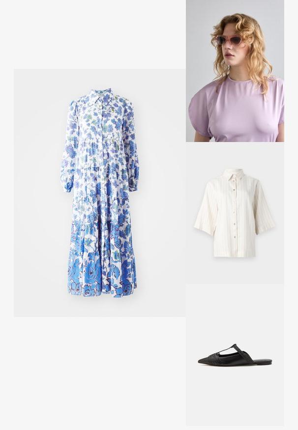 Cămașă cu mâneci scurte, în nuanță de bej deschis, cu dungi verticale maronii, având un guler deschis și cinci butoane în față.; Rochie maxi cu imprimeu floral în nuanțe de albastru deschis și alb. Prezintă un nasture pe față, mâneci lungi tip balon și o poale în mai multe straturi cu modele variate.; Pantofii din piele neagră cu curea la spate au vârful ascuțit, prezentând un accent țesut și un design superior pliat. Talpa joasă cu hardware minim.; Ochelari de soare cu nuanțe roz și cadru geometric, asortați cu un top moale de lavandă, cu decolteu rotund și mâneci scurte.