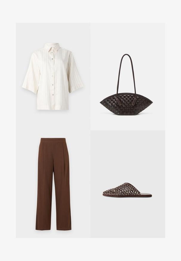 Kortærmet skjorte med knapper i lys beige med lodrette brune striber, udstyret med spredt krave og fem knapper foran.; Brune vidde-bukser med en glat tekstur, der har en flad front og læg. Taljebåndet er elastisk for komfort og pasform.; Brun vævet slide sandal med rundt tådesign, åben konstruktion, flad sål og struktureret overflade. Letvægtsmateriale og minimalistisk silhuet.; THEMOIRè OLIMPIA - Håndtasker - fondant