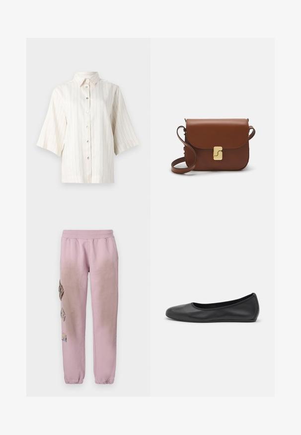 Short-sleeve button-up shirt in light beige with vertical brown stripes, featuring a spread collar and five buttons down the front.; Pink sweatpants with an elastic waistband, featuring decorative patches in diamond shapes on the left side and elastic cuffs at the ankles.; Black leather ballet flat with a rounded toe, smooth texture, minimal stitching detail, and a flexible sole design.; Brown leather handbag with a flap closure, gold-tone hardware, a shoulder strap, and a smooth texture. Compact rectangular shape.