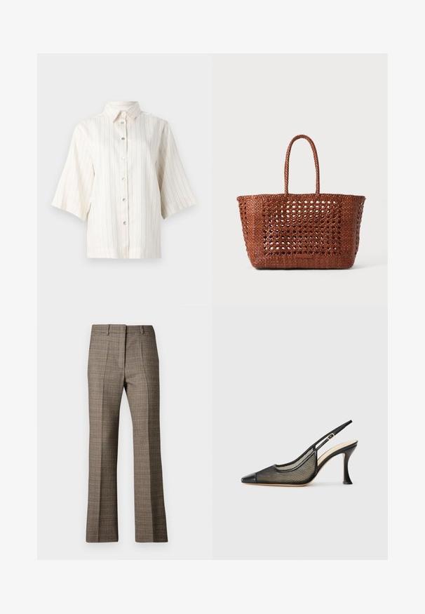 Camicetta a maniche corte con bottoni di colore beige chiaro, decorata con strisce verticali marroni, dotata di colletto alla francese e cinque bottoni sul davanti.; Pantaloni a quadri marroni con taglio dritto, caratterizzati da un tessuto testurizzato e da sfumature sottili di beige e marroni scuri in tutto il motivo.; Scarpa con tacco alto nera a slingback con punta appuntita, dettagli in rete e una finitura in pelle liscia. I colori includono nero e accenti beige.; Borsa tote intrecciata marrone con un motivo aperto, forma rettangolare e due manici intrecciati. Presenta una base solida per il supporto.