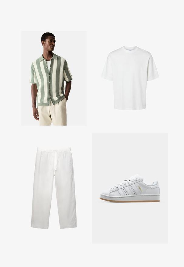 Next REGULAR FIT - SHORT SLEEVE STRIPE - Chemise - white sage green; T-shirt en coton blanc à manches courtes, col rond et coupe décontractée. Texture lisse sans motifs ou accents visibles.; Pantalons en lin blanc avec une taille élastique et un cordon de serrage, conception à jambes larges et coutures nettes. Texture lisse avec une coupe décontractée.; Baskets blanches avec un design perforé à trois rayures, des accents texturés, une semelle en caoutchouc et le logo "CAMPUS" en doré sur le côté.