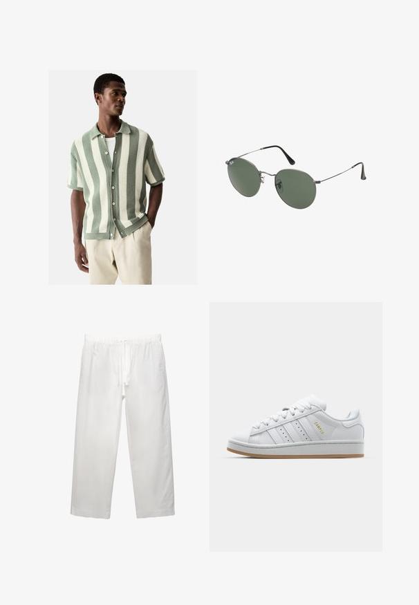 Next REGULAR FIT - SHORT SLEEVE STRIPE  - Hemd - white sage green; Weißes Baumwoll-T-Shirt mit kurzen Ärmeln, Rundhalsausschnitt und lässigem Schnitt. Glatte Textur ohne sichtbare Muster oder Akzente.; Weiße Leinenhose mit elastischem Bund und Kordelzug, weitem Bein-Design und sauberen Nähten. Glatte Textur mit lässiger Passform.; Weiße Sneaker mit durchbrochenem Drei-Streifen-Design, strukturierten Akzenten, einer Gummisohle und dem goldenen "CAMPUS"-Logo an der Seite.; Metallgestellte Sonnenbrille mit ovalen grünen Gläsern. Dünner silberner Metallrahmen und schwarze Ohrstücke. Minimalistisches Design, keine sichtbaren Logos.