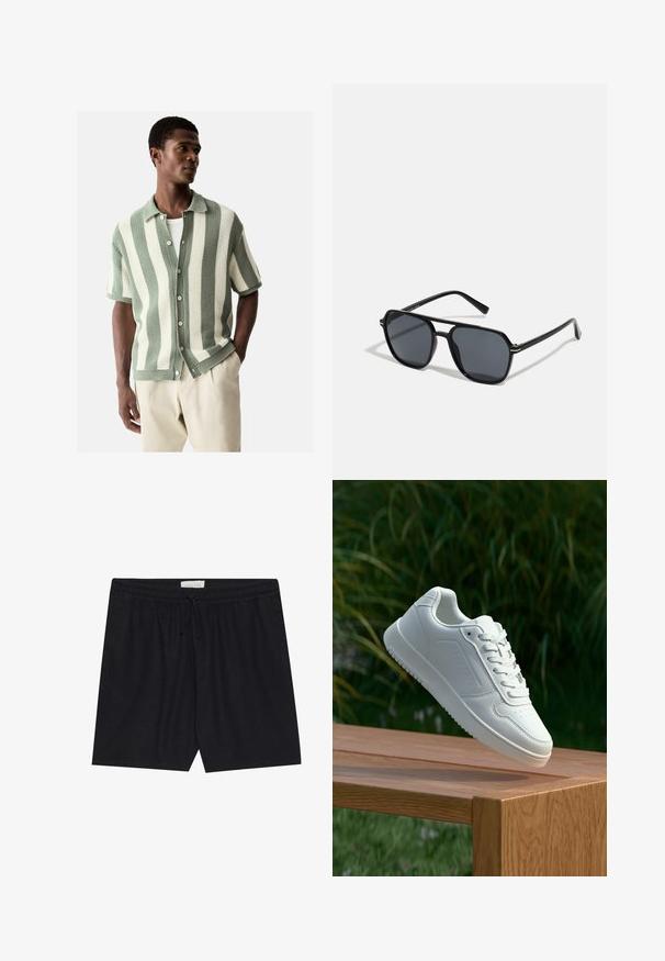 Next REGULAR FIT - SHORT SLEEVE STRIPE - Marškiniai - white sage green; Juodi šortai su elastingu juosmeniu ir raiščiu, pasižymintys glotnia tekstūra ir tiesiu kirpimu, tinkami kasdieniam dėvėjimui.; Balti sneakeriai su lygia sintetine viršutine dalimi, perforuota pirštų zona, plokščiomis raištelėmis ir tekstūruotu padu, padėti ant medinės paviršiaus.; Juodos akiniai nuo saulės su aštuonkampiu rėmeliu, tamsiais objektyvais, blizgiu paviršiumi, plonomis šakutėmis ir auksinėmis akcentais priekyje.