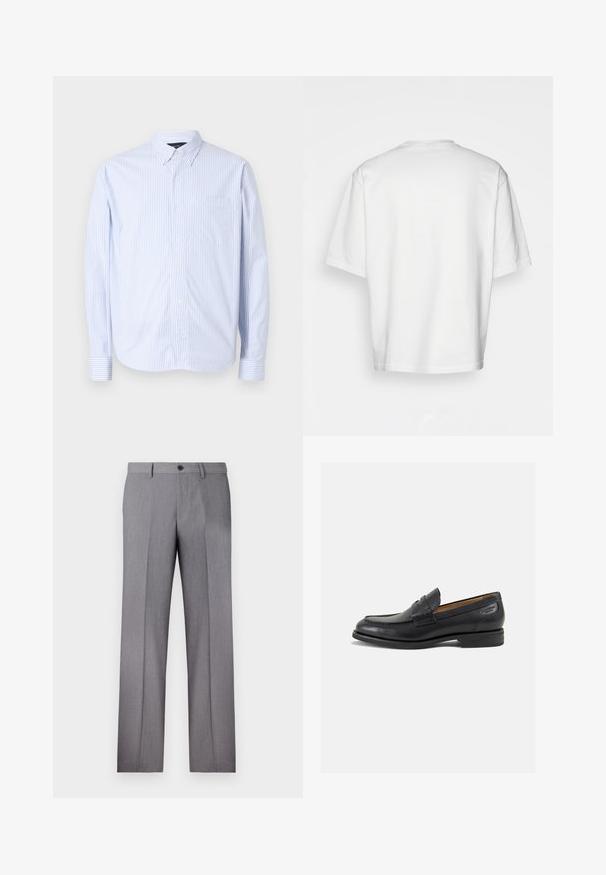 Hemd mit Knopfleiste in hellblau und weißen vertikalen Streifen. Verfügt über einen Kragen, lange Ärmel und eine Brusttasche. Hergestellt aus gewebtem Stoff.; Weißes T-Shirt mit kurzen Ärmeln, lockere Passform, runder Ausschnitt, glattes Baumwollmaterial, ungeschmückter Rücken, gerader Saum, keine Muster oder Akzente.; Graue maßgeschneiderte Hose mit flachem Vorderteil, zwei Seitentaschen und einem einzigen Knopfverschluss. Glatte Textur mit dezentem Nadelstreifenmuster.; Schwarze Leder Slipper mit glatter Oberfläche, runder Spitze und dekorativer Naht auf dem Vorderblatt. Niedriger Blockabsatz und leichter Glanz.
