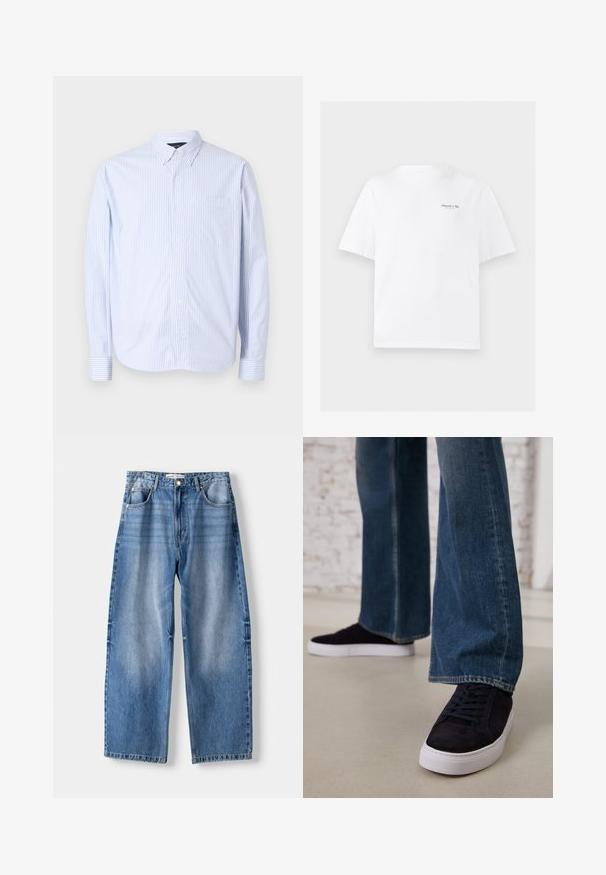 Srajca na gumbe v svetlo modri in belih vertikalnih črtah. Ima ovratnik, dolge rokave in žep na prsih. Narejena iz tkanine.; Bela bombažna majica s krojem črnega vratu, kratkimi rokavi in majhnim črnim logotipom na zgornjem levem prsnem delu. Gladka tekstura.; Svetlo modri jeans širokega kroja z višjim pasom, ki imajo pet žepov, gumbno zapiranje in vidne šive.; Temno modri semiš športni copati z belo gumijasto podplatom in vezalkami, v kombinaciji z širokimi jeans hlačami v srednje modrem pranju.