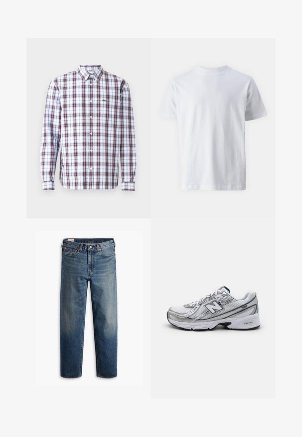 Camisa de botão de manga longa com padrão de xadrez em vermelho, azul e branco, feita de tecido leve, com um pequeno logótipo verde no peito.; Camiseta branca de manga curta feita de algodão, apresentando um decote redondo e uma textura suave, com um corte reto e sem padrões.; Jeans de ganga azul escuro com corte descontraído, pernas direitas, design de cinco bolsos e ligeiro desbotamento nas coxas. Botão e rebites prateados.; Sapatilha desportiva New Balance com parte superior em malha, predominantemente branca com detalhes em cinzento e azul marinho, apresentando uma sola acolchoada e detalhes texturizados.