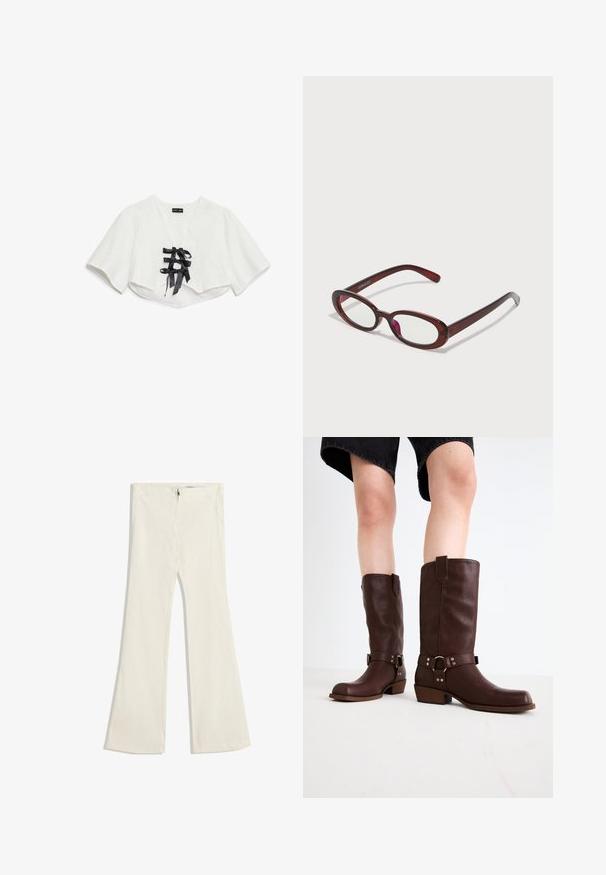 Vit kort topp med korta ärmar, med ett texturerat mönster, V-ringning och tre svarta satinförbandsknutar framtill.; Uppvikta byxor i en ljus beige tyg med en subtil textur. Har en dragkedjestängning och två fickor framtill.; Bruna läderknähöga stövlar med rundad tå, strukturerad yta, ankelrem och detaljer i silver; klack med staplad design.; Ovalformade röda solglasögon med klara linser och eleganta bruna bågar. Designen har subtila kurvor och minimal hårdvara.