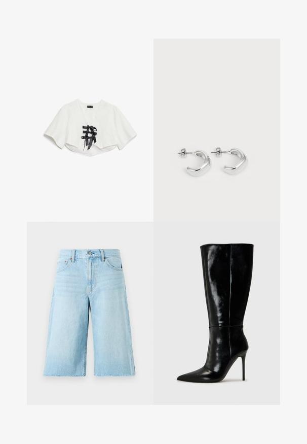 Balta trumpa palaidinė su trumpomis rankovėmis, turinti tekstūruotą raštą, V formos iškirptę ir tris juodas satino juosteles priekyje.; Šviesiai mėlynos džinsinės šortai su laisvu siluetu, nusidėvėjusiu kraštu, penkiomis kišenėmis ir metaliniais detalėmis. Klasikinio džinsų dizaino su subtiliu išblukimu.; Juodos odinės iki kelių ilgio botai su smailiu nosiu ir aukštu stiletto kabliu. Lygi tekstūra ir stilingas dizainas, turintis minimalų detalizuotumą.; Sidabrinės auskarų kilpos su lygiu, blizgiu paviršiumi. Apvalios formos su šiek tiek išlenktu dizainu ir sumaišytomis briaunomis. Smeigtuko užsegimas.