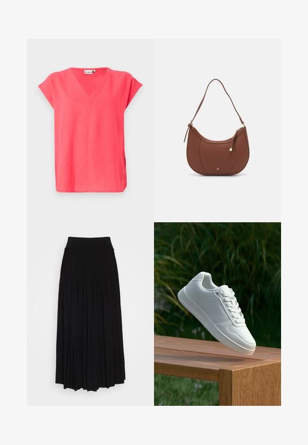 Rozā V-veida krekls ar īsām piedurknēm, izgatavots no viegla auduma. Tam ir brīvs piegriezums un sānu šķēlumi, kas nodrošina brīvu kustību.; Melna plisētā svārku ar augstu, izstiepjamu jostasvietu. Izgatavoti no mīksta auduma, ar vertikālām plisēm, kas rada plūstošu siluetu.; Baltie sporta apavi ar gludu sintētisku augšpusi, perforētu pirkstu daļu, plakani šņorēm un rakstainu zoli, novietoti uz koka virsmas.; Brūns mākslīgās ādas pleca soma ar izliekta forma, minimāls šuvums un zelta toņa aparatūras akcenti. Aprīkota ar augšējo rāvējslēdzēju un regulējamu siksnu.