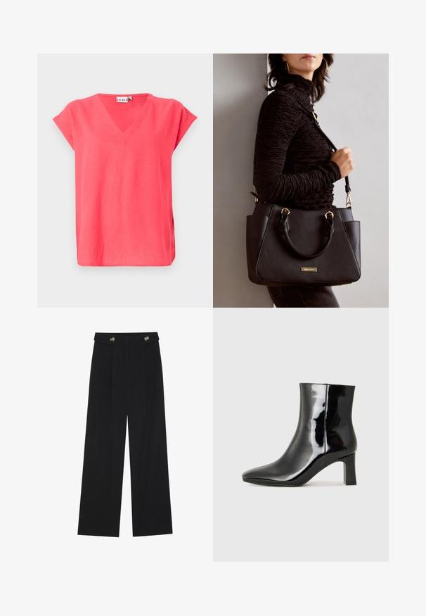 Rózsaszín V nyakú póló rövid ujjakkal, könnyű anyagból készült. Lazább szabású, oldalsó hasítékokkal a szabad mozgás érdekében.; Fekete, bő szárú nadrág magas derékkal, gombos részletekkel a derékrészen és elülső pliszékkal.; Fekete lakk bőrcipő bokáig érő, hegyes orral és közepes magasságú tömbsarokkal. Simább textúrával és minimalista dizájnnal rendelkezik.; Fekete kézitáska texturált felülettel, dupla felső fogantyúval és állítható vállpánttal. Arany színű fém kiegészítők és oldalsó zsebek találhatók rajta.