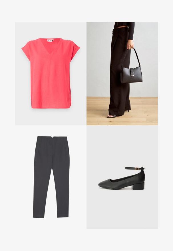 Lyserød V-hals T-shirt med korte ærmer, lavet af letvægtsstof. Har en afslappet pasform og sidelæg for nem bevægelse.; Mørkegrå tapered bukser med sidelommer og frontfolder, designet til en skræddersyet pasform.; Sorte læderpumper med spids tå og en lav blokhæl. Har en ankelrem med en guldfarvet spænde. Glat tekstur.; Sort håndtaske med struktureret form, glat overflade og metalspænde. Sammen med brede sorte bukser og sandaler med åben tå på trægulv.