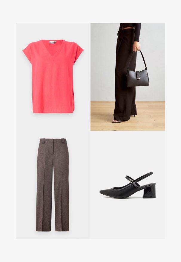 Koralfarvet, kortærmet bluse med V-udskæring, lavet af letvægtsstof, med en afslappet pasform og sideslidser.; Brune wide-leg bukser lavet af tekstureret stof. Har to frontlommer og en skræddersyet pasform med to knapper i taljen.; Sorte patentlæder slingback hæle med spids tå, rund udskæring og blokhæl. Har en guldtonet spændeaccents.; Sort håndtaske med struktureret form, glat overflade og metalspænde. Sammen med brede sorte bukser og sandaler med åben tå på trægulv.