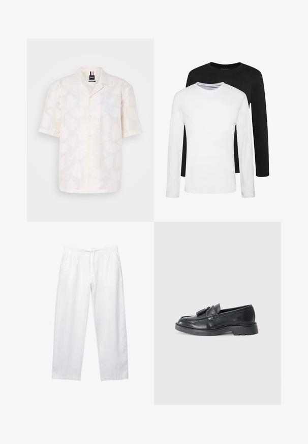Krátký rukáv, bílá košile z lehkého materiálu s jemným květinovým vzorem, s button-down předním zapínáním a klasickým límcem.; Dvoje dlouhých rukávů, jedno černé a jedno bílé, vyrobené z bavlny s kulatým výstřihem a hladkou texturou, vystavené ve srovnaném uspořádání.; Bílé, volné kalhoty vyrobené z lehkého materiálu. Mají elastický pas se šňůrkou a dvě boční kapsy.; Černé kožené mokasíny s kulatou špičkou, páskem se třásněmi a robustní podrážkou s vzorováním. Hladká textura a klasický design.