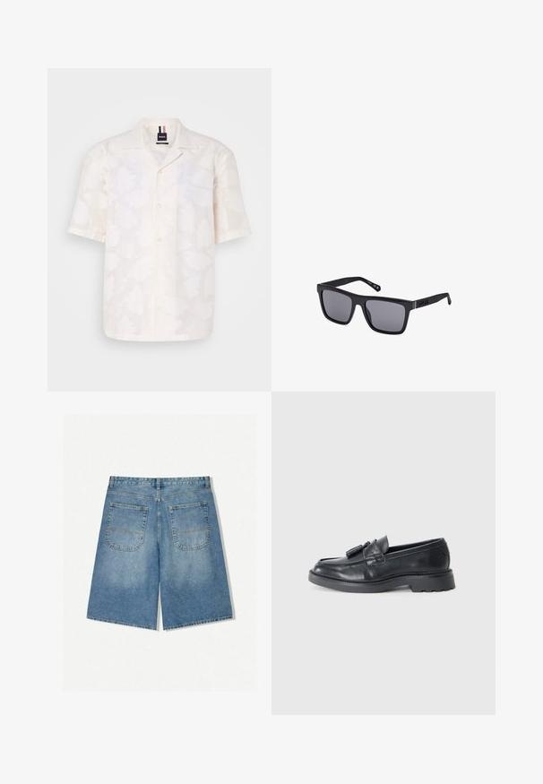 Krátký rukáv, bílá košile z lehkého materiálu s jemným květinovým vzorem, s button-down předním zapínáním a klasickým límcem.; Džínové šortky v světle modré barvě s volným střihem, které mají dvě zadní kapsy a viditelné švy. Tkanina má jemnou, hladkou texturu.; Černé kožené mokasíny s kulatou špičkou, páskem se třásněmi a robustní podrážkou s vzorováním. Hladká textura a klasický design.; Černé obdélníkové sluneční brýle s tmavými čočkami, matným povrchem a detaily loga na stranici. Design má rovné hrany a silné rámy.