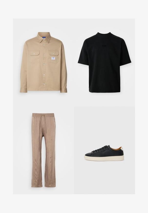 HUGO EKYNONE - Košeľa - medium beige; Čierne tričko s krátkym rukávom vyrobené z bavlny, s vysokým nákrčníkom, s hladkou textúrou a diskrétnym logom v strede.; Svetlo hnedé široké nohavice vyrobené z hladkej látky, s elastickým pásom so šnúrkou a dvoma prednými záhybmi.; Čierne kožené tenisky s hladkou textúrou, béžová gumová podrážka, viazanie a kontrastný akcent na päte.