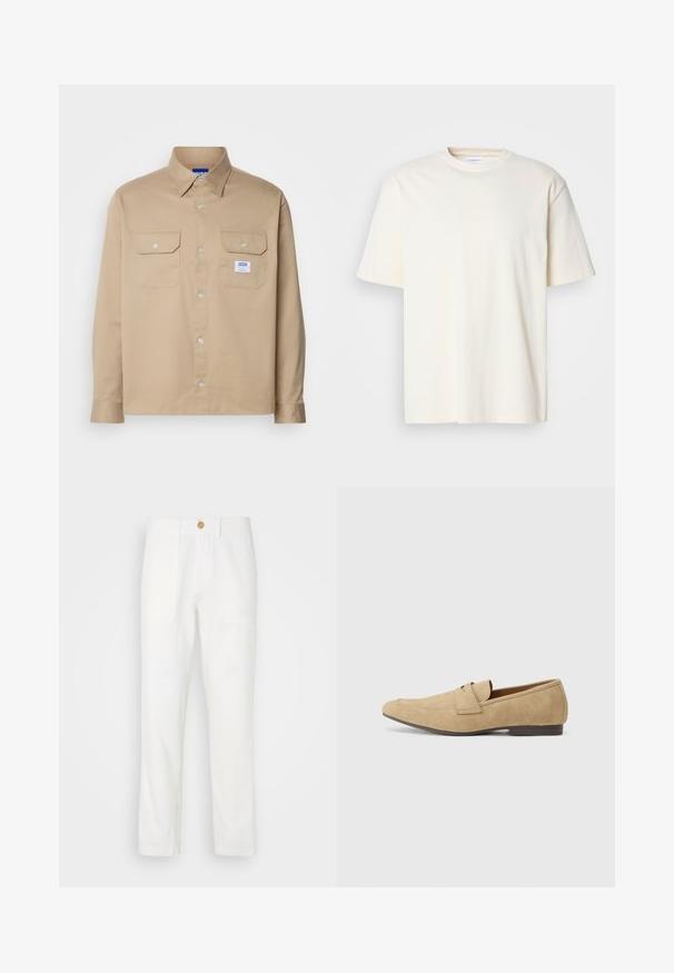 HUGO EKYNONE - Ing - medium beige; Egyszínű, krémfehér, rövid ujjas, kerek nyakú póló, unisex dizájn, semleges szürke háttéren bemutatva.; Fehér szövetnadrág egyenes szabással, két elülső zsebbel és gombos záródással. Sima textúra és letisztult design.; Beige velúr lofu, enyhe fényes felülettel, lekerekített orral, slip-on kialakítással és alacsony barna sarkakkal. Diszkrét varrási részletek.