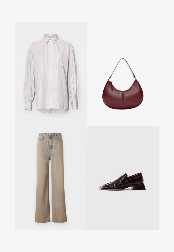 Camicia a righe dai colori chiari, con colletto classico, maniche lunghe a sbuffo e orlo posteriore leggermente più lungo.; Jeans a gamba larga in denim di colore chiaro con vita alta. Caratterizzati da cuciture sottili e cinque tasche, con una texture leggermente sbiadita.; Mocassino in pelle verniciata bordeaux scuro con finitura testurizzata, tacco basso a blocco e dettagli classici con fascia penny, mostrato di profilo.; Borsa a tracolla in pelle bordeaux con una forma curva. Caratterizzata da una sola tracolla e una zip superiore, presenta una superficie liscia e testurizzata.